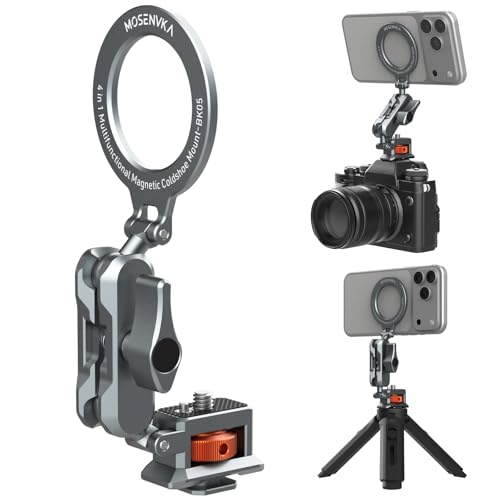 MOSENVKA 4-in-1 Magnetic Phone Mount with Arca-Swiss Base, 1/4"-20 Screw, Foldable Phone Stand with Cold Shoe for iPhone 17 16 15 Pro Max, GoPro, Vlogging