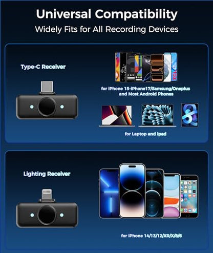 Wireless Lavalier Microphone for iPhone & Android Phones, Noise Reduction & Hi-Fi Audio & 24H Duration & 50M Range, Clips-on Magnetic Lapel Mic for Video Recording/Live Stream/Vlog/Podcast/Interview