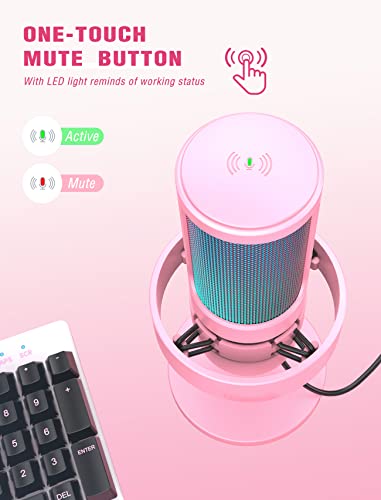 FIFINE USB Streaming Gaming Microphone, PC Condenser Desktop Mic for Video, Home use, YouTube, with RGB Control, Gain Knob, 3.5mm Headphone Jack, Shock Mount, on Computer/PS5-AmpliGame A8 Pink - size: A8P-Desktop