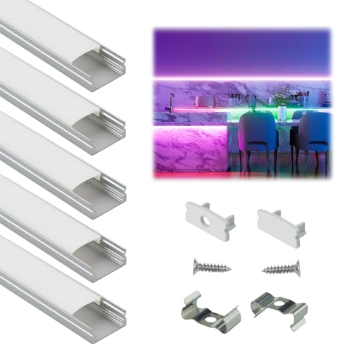 Muzata 5Pack 3.3FT/1M LED Channel Aluminum U Shape Silver LED Strip Diffuser Channel with Milky White Cover Easy Installation U1SW WW 1M - size: 5Pack