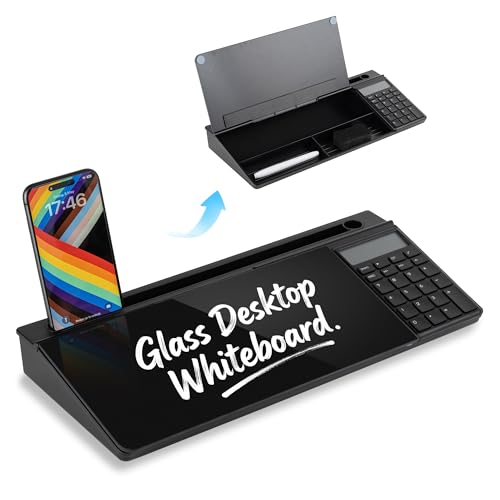 Glass Desktop Whiteboard with Calculator & Storage, Desk Dry Erase Note Memo Board, Compact Desk Organizer for to-Do List Home Office School & Gift, Black, 2026 - color: Black Calculator