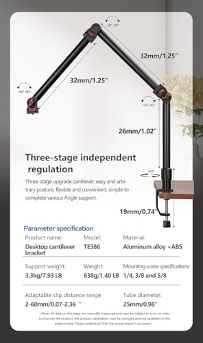REFLEX CAMERA 37" Overhead 3-Section Flex Cantilever Articulating Boom Arm with Desk/Tube C Clamp and Universal Phone Mount 1/4" 3/8" & 5/8" Screw Mount for DSLR Camera, Microphone, Light & Webcam