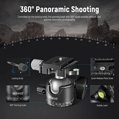 NEEWER Low Profile Camera Tripod Ball Head, 36mm Metal Panorama Ball Head Compatible with Arca 1/4” Quick Release Plate for Tripod Monopod Slider DSLR Camera Camcorder, Load Capacity: 33lb/15kg -GM36