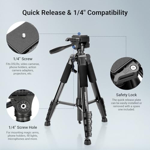 NEEWER Basics Camera Tripod, 74" Tripod with Cell Phone Holder Mount Compatible with iPhone for Video Recording, Professional Aluminum Lightweight Portable Travel Stand with 3 Way Pan Tilt Head, TP56 - style: TP56