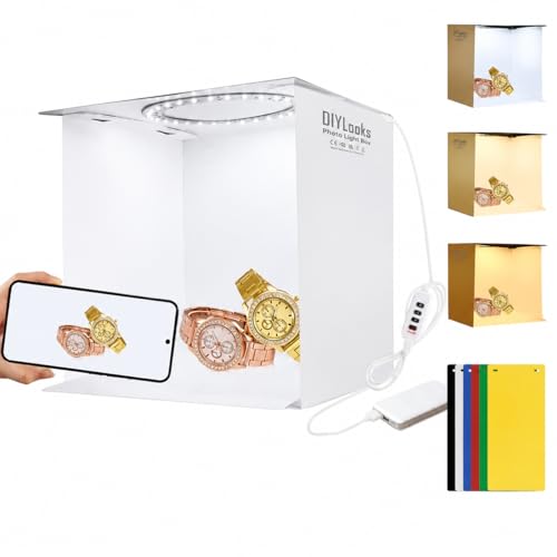 23cm Ring LED Panel Folding Portable Light Photo Lighting Studio Shooting Tent Box Kit with 6 Colors Backdrops (Black, White, Yellow, Red, Green, Blue), Unfold Size: 24cm x 23cm x 23cm