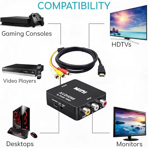 HDMI to RCA Cable Adapter RCA to HDMI Cable Male to 3RCA Converter Video Audio AV Cable Connector Adapter !Attention! NOT Convert Digital HDMI Signal to Analog RCA - Need an Active Converter Box