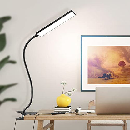 Vansuny Clip on Light LED Desk Lamp with Eye-Caring LED Light and Metal Clip, 6 Level Brightness 3 Color Modes, Power by USB Port 5W Adjustable Neck Reading Lamp for Home and Office (5W, Black) - color: Black