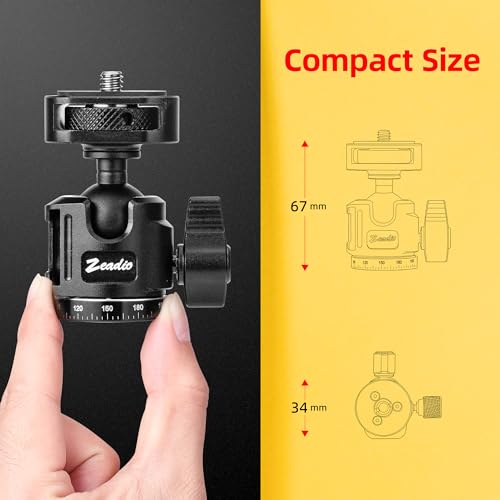 Zeadio Mini Ball Head, All Metal 360° Panoramic Ball Head with Cold Shoe and 1/4" Screw, 10kg/22lb Load Capacity, Compact Tripod Head for DSLR Camera, Monopod, Tripod, Vlogging, Live Streaming etc - style: Standard Version