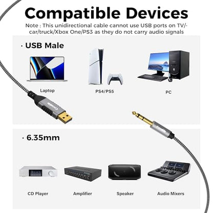USB to 6.35mm TRS Stereo Audio Cable 4 FT, USB-A to 1/4" Audio Adapter Aux Jack Stereo Cord, Gold-Plated Connector, Nylon Braided Jacket, DAC Chip, for Laptop, Amplifier, Mixer, Home Theater, Speaker - size: 4FT