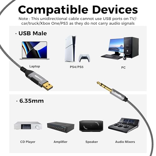 USB to 6.35mm TRS Stereo Audio Cable 15 FT, USB-A to 1/4" Audio Adapter Aux Jack Stereo Cord, Gold-Plated Connector, Nylon Braided Jacket, DAC Chip, for Laptop, Amplifier, Mixer, Home Theater, Speaker - size: 15FT