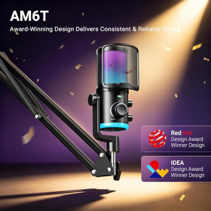 FIFINE USB Streaming Microphone Kit for Gaming, Condenser Mic with RGB, Noise Cancellation, Game/Chat Dial-Plug & Play for PC Twitch/YouTube/Podcast, Includes Boom Arm & Pop Filter-AmpliGame AM6T