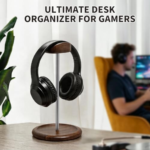 Headset Stand for Desk, Walnut Wood ＆ Stainless Steel Universal Wooden Headphone Holder with Storage Base, Gaming Equipment Accessories, Desk Organizer, Gifts for Gamers Men Boyfriend