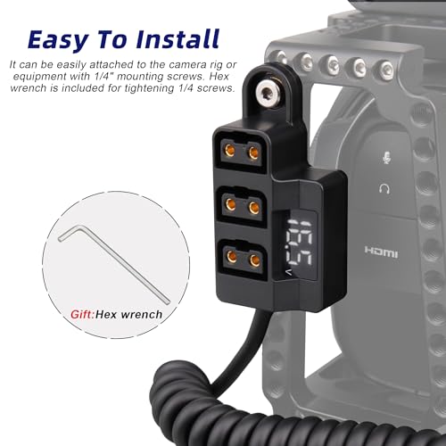 D-Tap 1×3 Power Splitter Adapter with Voltage Display & 1/4 Mounting Screws for V-Mount/Gold Mount Battery,Camera Cage,Video Transmission, Monitor, BMPCC 4K/6K, etc. (Coiled Cable Version)
