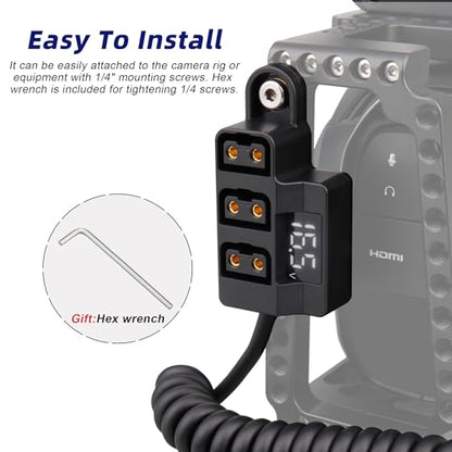 D-Tap 1×3 Power Splitter Adapter with Voltage Display & 1/4 Mounting Screws for V-Mount/Gold Mount Battery,Camera Cage,Video Transmission, Monitor, BMPCC 4K/6K, etc. (Coiled Cable Version)