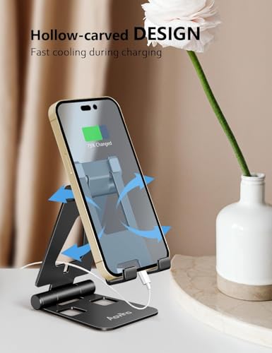 Aoviho Foldable Cell Phone Stand for Desk, Adjustable Phone Holder for Office, Video Calls and Streaming, Portable Desktop Phone Dock Compatible with iPhone 17 16 15 14, Samsung Galaxy, Black - color: Black