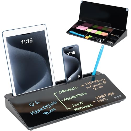 Vivo Glass 16 x 7 inch Dry Erase Board with Storage, Desktop Whiteboard Organizer with Hidden Compartments and Device Slot, Black, DESK-WB16B - color: Black