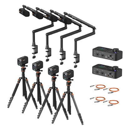 NearStream PodKit Quad, Podcasting Quad Kit, Podcast Bundle Includes 4 VM20 Streaming Camera, 4 AM25X Microphone, 4 ST20 Boom Arm, 2 AMIX40U Audio Mixer, 4 Camera Tripod and 4 XLR Cables - style: Podcasting Quad Kit