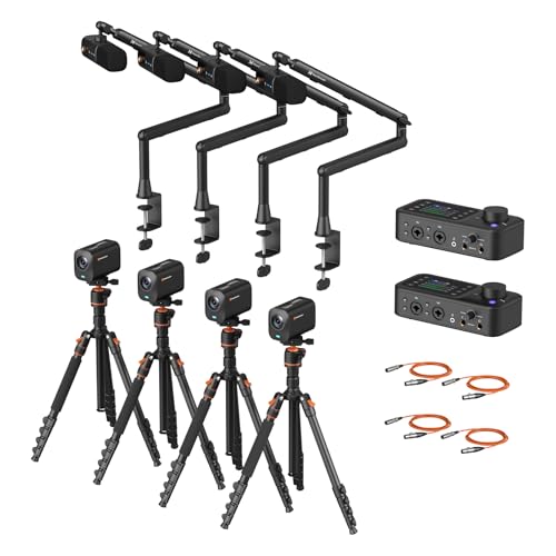 NearStream PodKit Quad, Podcasting Quad Kit, Podcast Bundle Includes 4 VM20 Streaming Camera, 4 AM25X Microphone, 4 ST20 Boom Arm, 2 AMIX40U Audio Mixer, 4 Camera Tripod and 4 XLR Cables - style: Podcasting Quad Kit