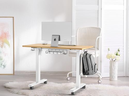 SHW 40-Inch Mobile Electric Height Adjustable Sit to Stand Desk with Drawer, Hanging Hooks and Cable Management, Oak - color: Oak