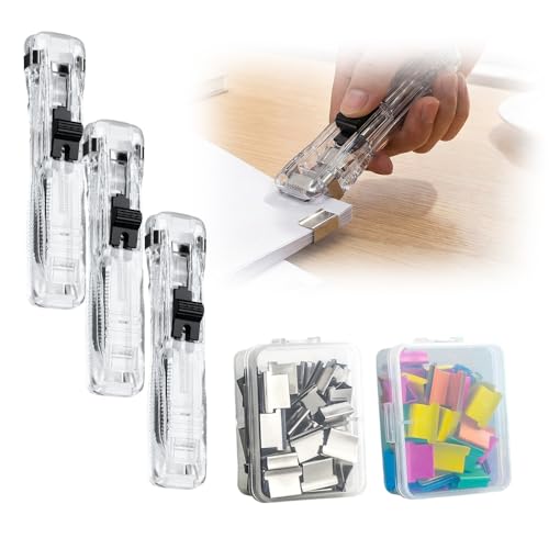 Portable Binder Clip Stapler, 2026 New Reusable Portable Paper Clam Clip Dispenser, 100 Metal Refill Clips (50 Silver + 50 Color) for Home, School, Desk Office (Transparent-3PCS) - color: Transparent-3pcs