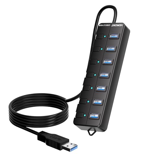 VEMONT 7-Port USB 3.0 Hub (Equipped with a 4-Foot Data Cable, Individual Switch, and Indicator Light, it Supports Data Transfer speeds of up to 5Gbps) Suitable for Desktop Computers and laptops.