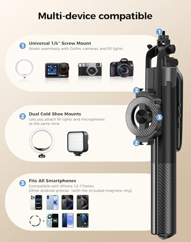 TechRise 71" Phone Tripod, 3-in-1 Clamp & MagSafe Magnetic Selfie Stick with Bluetooth Remote, Auto Extend Phone Stand, Compatible with iPhone 17 Series, Sony, Canon Cameras, Lightweight Travel Design