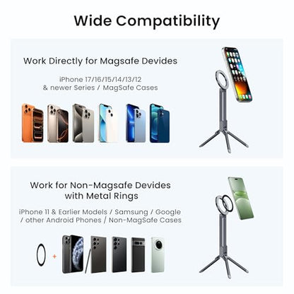 Itramax Magnetic Cell Phone Tripod,Adjustable Phone Holder for Desk,Portable Mini Tripod Phone Mount for Travel,Vlogging,Selfies,Compatible with MagSafe iPhone 17 16 15 14 13 12 & All Smartphones,Grey - color: Gray