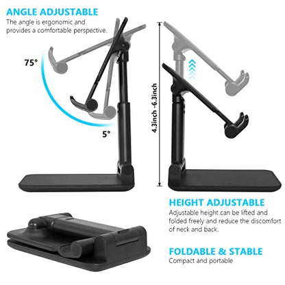 2 Pack Phone Stand for Desk, Angle & Height Adjustable Phone Holder | Fully Foldable & Portable, Compatible with All Under 6.5" Smartphones, Ideal for Home, Office & Travel Use, White & Black - color: D-Black & White