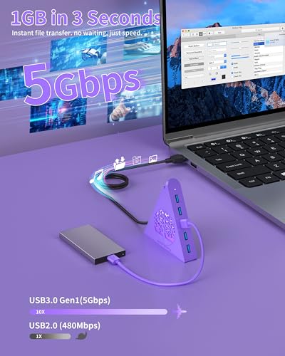 7-Port USB 3.0 Hub, Deep Purple Vertical USB Expander with Tree RGB Lighting, 5Gbps Data Transfer, 2FT Cable, Compatible with Laptop, Desktop, PS5, Xbox, Printer, Flash Drive, HDD - color: 3-Tree Deep Purple