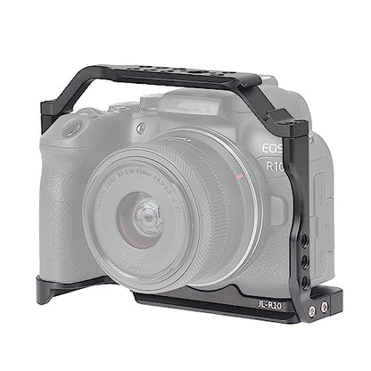 FocusFoto Camera Cage for Canon EOS R10 Mirrorless Camera, Aluminium Video Rig with NATO Rail, Cold Shoe, 1/4" Screw Mouting, 3/8"-16 Locating Pins for Arri Grip, Quick Release Plate for Arca Tripod