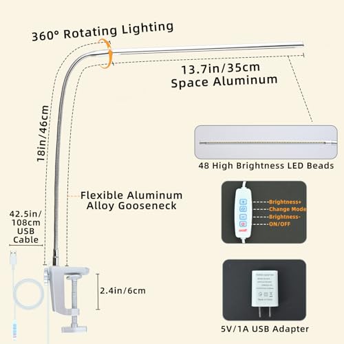 Space Aluminum LED Desk Lamp with Clamp Reading Study Desk Light | Clip on Light for 3 Modes 10 Brightness Flexible Gooseneck with USB Adapter Table Lamp for Home Office Computer Nail Work