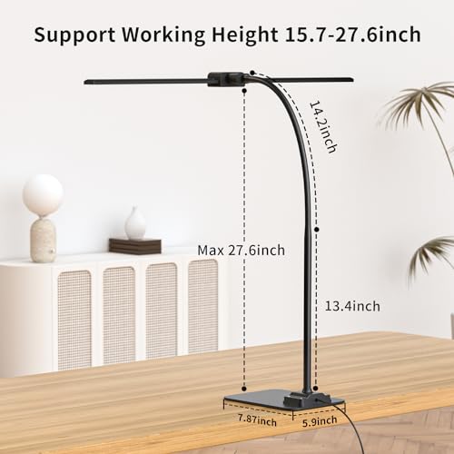 KableRika Desk Lamp Double Light: Bright Led Desk Lights for Home Office - Eye Care Reading Table Lamps with Base - Dimmable Desktop Lighting for Computer Monitor Study Drafting - color: Black-Base
