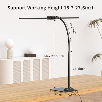 KableRika Desk Lamp Double Light: Bright Led Desk Lights for Home Office - Eye Care Reading Table Lamps with Base - Dimmable Desktop Lighting for Computer Monitor Study Drafting - color: Black-Base