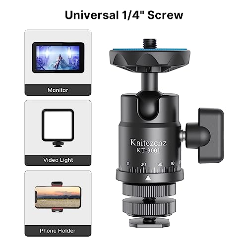 Kaitezenz Mini Ball Head, Panoramic Camera Tripod Head with 1/4" Screw and Dual Hot Shoe Mount, 360 Rotatable Metal Adapter for DSLR Camera Tripods Monopods Camcorder Light Microphone, Max Load 5.5lbs