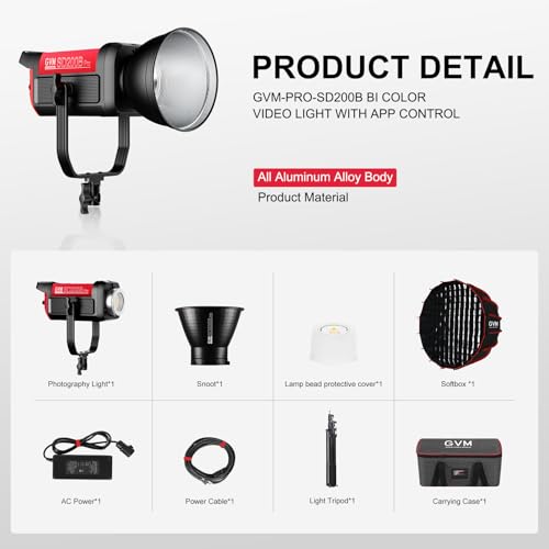 GVM 200W LED Video Light with Softbox, SD200B Photography Lighting Kit with Bluetooth Mesh Network/DMX Control, 2700K-6800K Studio Light Continuous Lighting Kit, 45400lux/1m, 12 Scene Effects - size: SD200BSET1