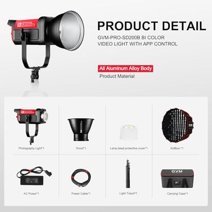 GVM 200W LED Video Light with Softbox, SD200B Photography Lighting Kit with Bluetooth Mesh Network/DMX Control, 2700K-6800K Studio Light Continuous Lighting Kit, 45400lux/1m, 12 Scene Effects - size: SD200BSET1