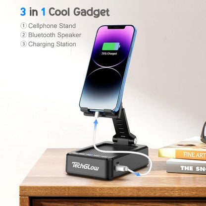 TechGlow Foldable Cellphone Stand with Bluetooth Speaker and Charging Function Birthday Gifts for Men Women Mother Father Boy Girl Teens Cool Tech Gadgets - color: Black