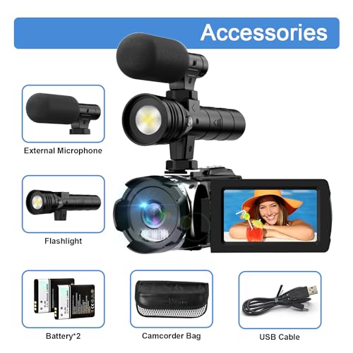 4K Video Camera with IR Light, Camcorder Digital with with External Microphone, 24X Digital Zoom, with Night Vision,YouTube Vlogging Camera Recorder