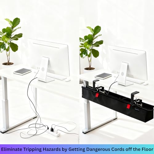 Under Desk Cable Management Tray, 48" Extra Large No Drill Cord Organizer with Easy to Clean Oxford Fabric, Clamp On Power Stripe Holder for Office, Home Office & Gaming Space - size: Extra Large (48 inch)