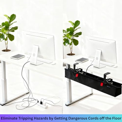 Under Desk Cable Management Tray, 48" Extra Large No Drill Cord Organizer with Easy to Clean Oxford Fabric, Clamp On Power Stripe Holder for Office, Home Office & Gaming Space - size: Extra Large (48 inch)