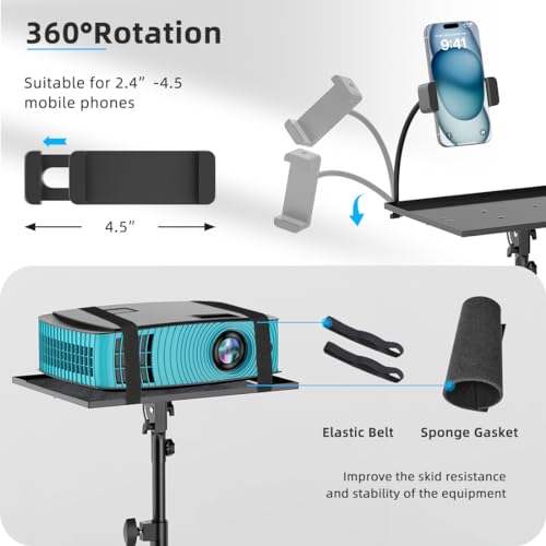 Projector Stand with Wheels, Laptop Tripod from 29" to 69" with Mouse Tray, Adjustable Height DJ Racks Stands with Gooseneck Phone Holder, for Office, Home, Stage, Studio, 1 Pack Black