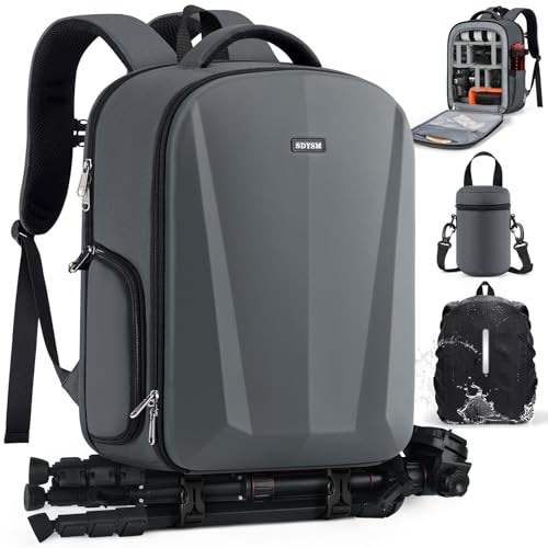 SDYSM Camera Backpack, Hardshell DSLR/SLR Camera Bag with Lens Pouch & 15.6" Laptop Compartment Waterproof Camera Case with Rain Cover Photography Backpack Compatible for Canon/Nikon/Sony/Drone,Gray - color: Grey
