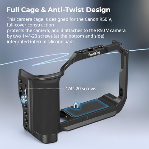 SmallRig R50 V Camera Cage for Canon R50V, Built-in Ergonomic Silicone Grip, QR Plate for Arca, 1/4"-20 Threaded Hole, 3/8"-16 Holes for ARRI, Cold Shoe, QD Sockets, Vertical Shooting(Black)-5427 - color: Black
