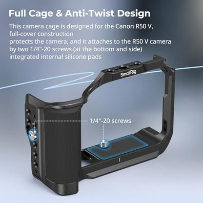 SmallRig R50 V Camera Cage for Canon R50V, Built-in Ergonomic Silicone Grip, QR Plate for Arca, 1/4"-20 Threaded Hole, 3/8"-16 Holes for ARRI, Cold Shoe, QD Sockets, Vertical Shooting(Black)-5427 - color: Black