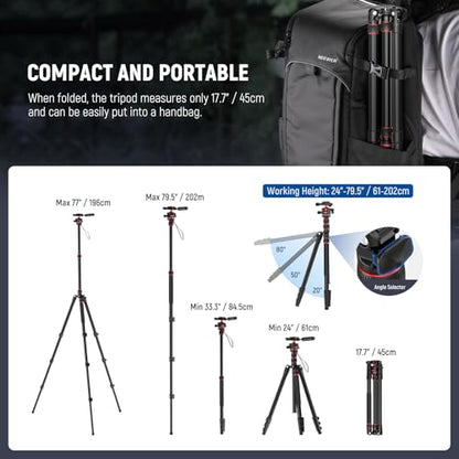 NEEWER Basics Camera Tripod Monopod, 77" Compact Lightweight Travel DSLR Video Stand, 360° Ball Head, Arca Type QR Plate, Reversible Legs & Inverted Central Axis, 13lb Max Load, TP08 - style: TP08