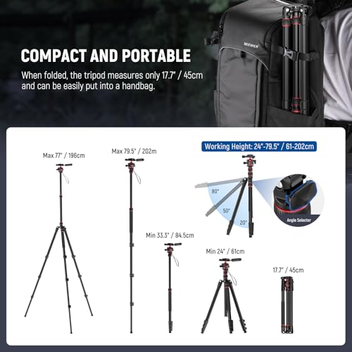 NEEWER Basics Camera Tripod Monopod, 77" Compact Lightweight Travel DSLR Video Stand, 360° Ball Head, Arca Type QR Plate, Reversible Legs & Inverted Central Axis, 13lb Max Load, TP08 - style: TP08