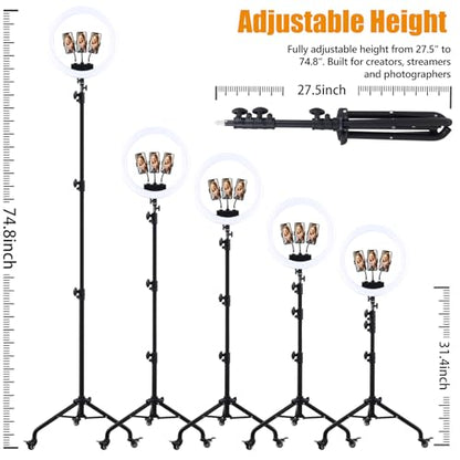 Large Ring Light with Stand for iPhone iPad, 19" Professional Ring Light Tripod with Wheels, 3 Phone Holders & 1 iPad Holder, Big Ringlight Rolling for Photography, YouTube, TikTok, Video Recording - size: 19inch White