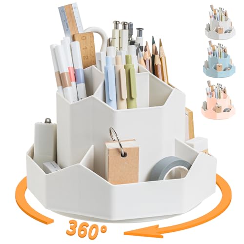 Cayxenful Pencil Pen Holder for Desk,9 Slots 360 Degree Rotating Desk Organizers,Desktop Storage Stationery Supplies Organizer, Cute Pencil Cup Pot For Office, School, Home(White) - color: White