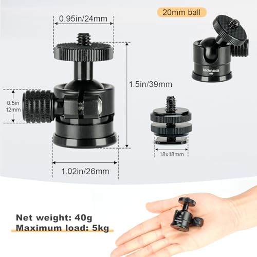 Koolehaoda Mini Ball Head with Cold Shoe Mount 360° Swivel for Camera | Tripod Ball Head Aluminum 1/4" Screw Panoramic Mount with Removable Hot Shoe Adapter for Video Light Microphone