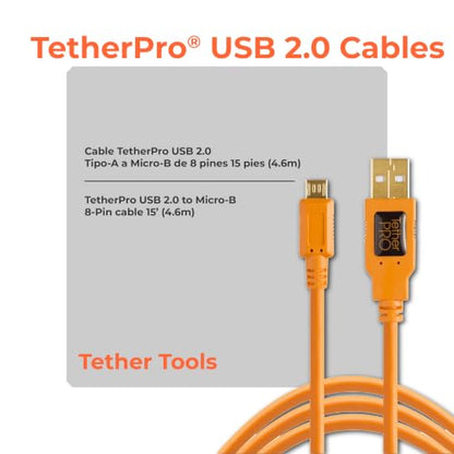 Tether Tools TetherPro USB 2.0 to USB Micro-B 5-Pin Cable | for Fast Transfer Between Camera and Computer | High Visibility Orange | 15 Feet (4.6 m)